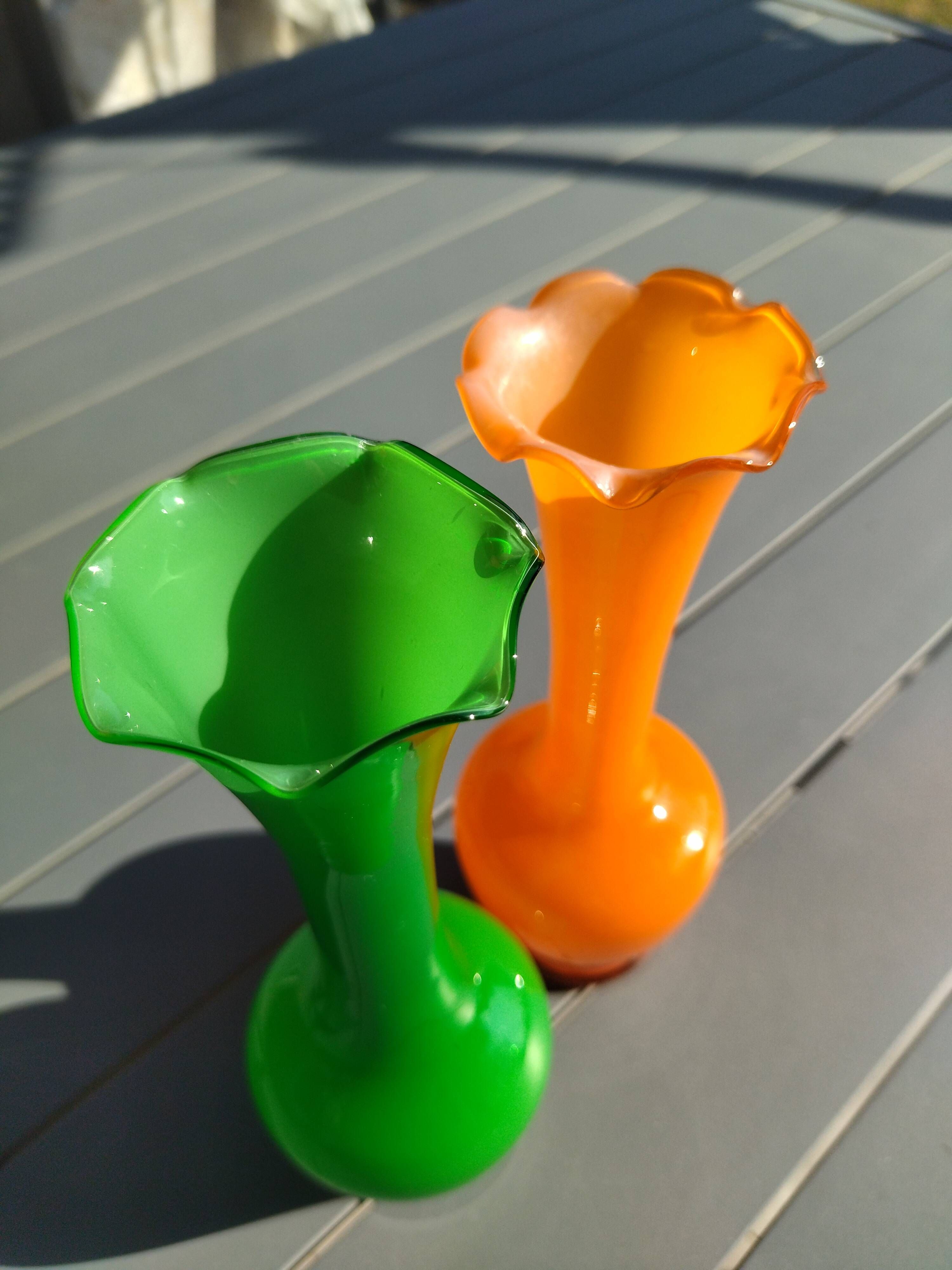 Pair of Vintage 70s Pop Art Opaline Vases – Green & Fluorescent Orange 20cm