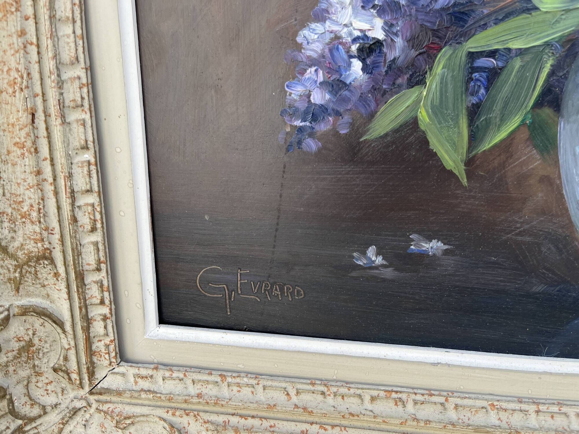 Painting signed G. Evrard – Bouquet of lilacs in a vase