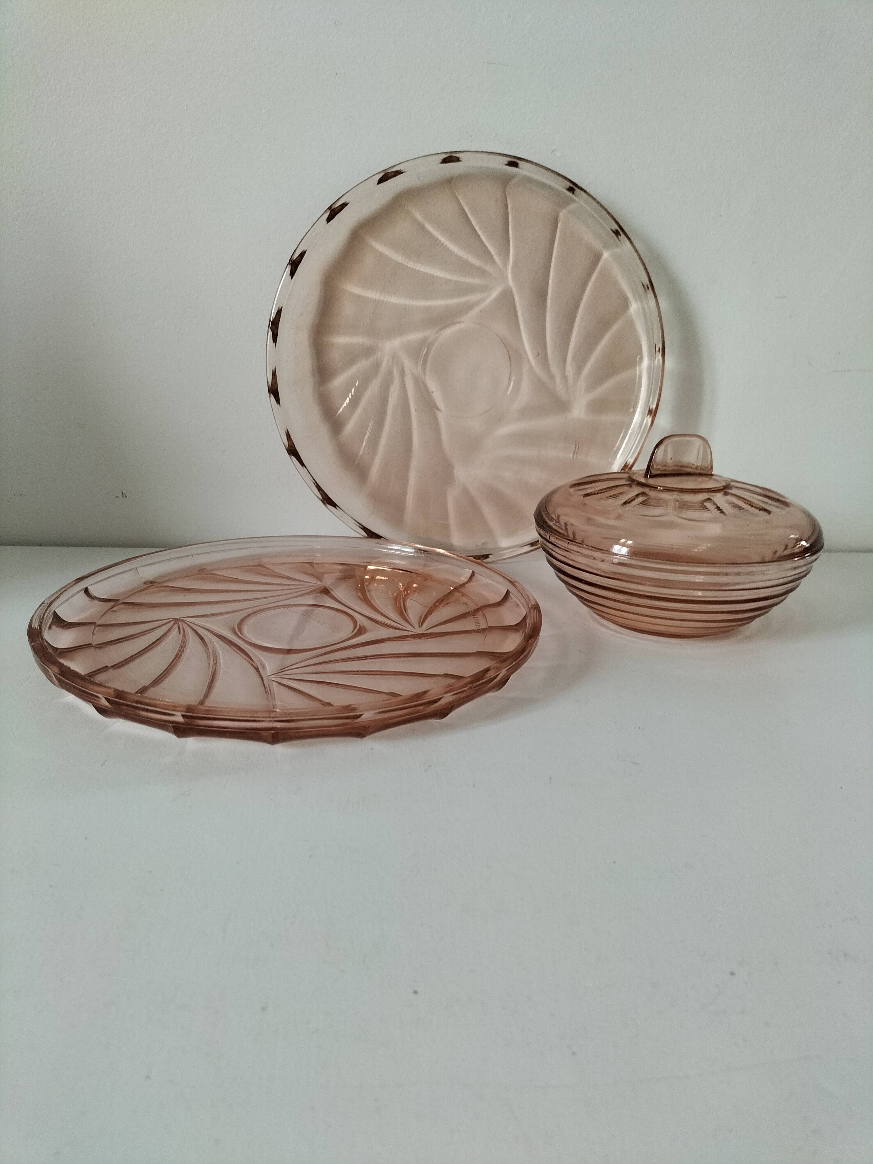 Orange-pink pressed glass trio