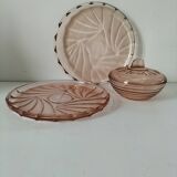Orange-pink pressed glass trio
