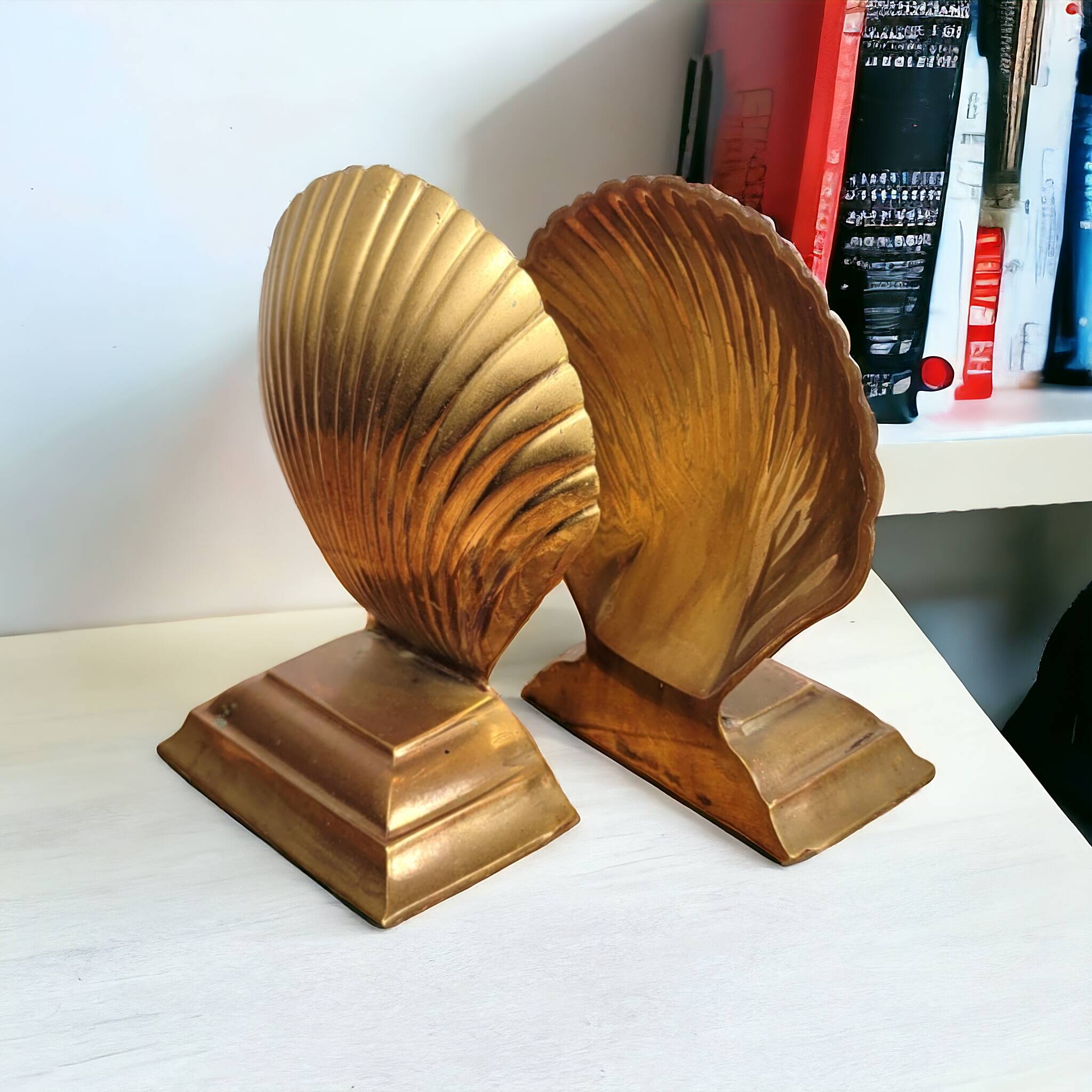 Pair of brass shell bookends