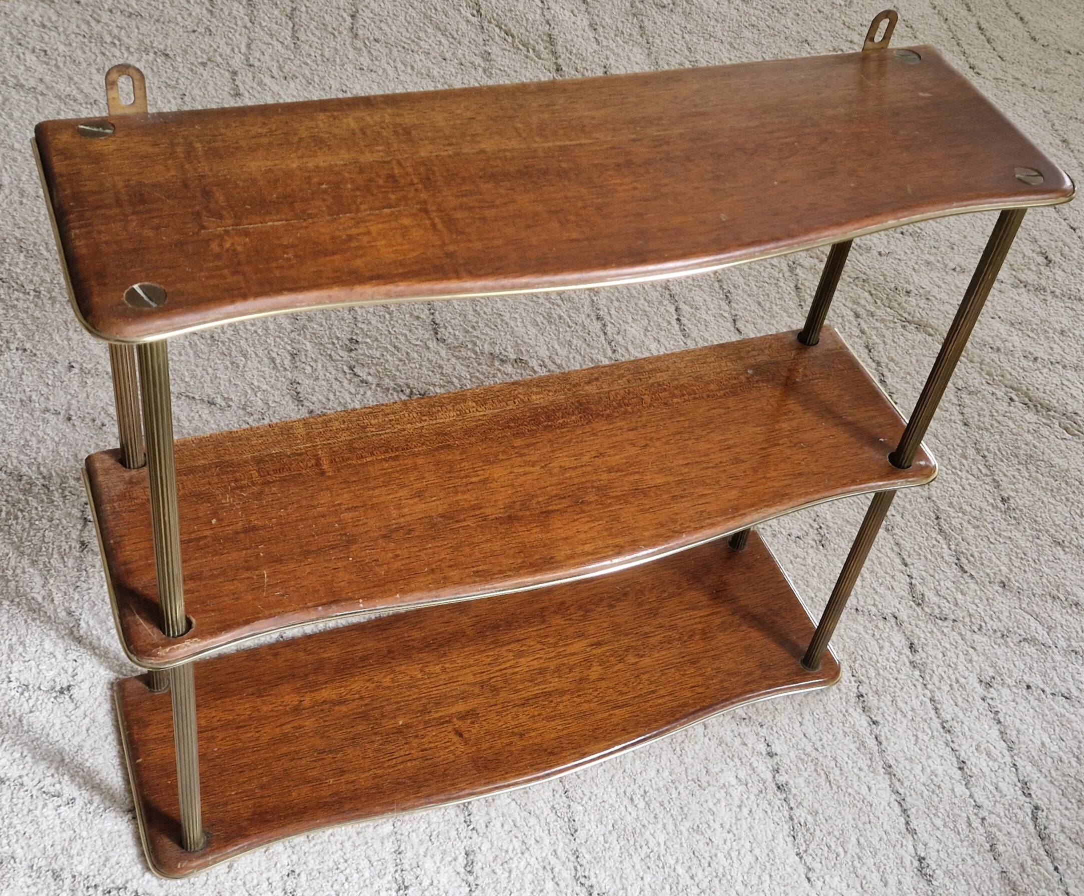 1950s wood and brass wall shelf