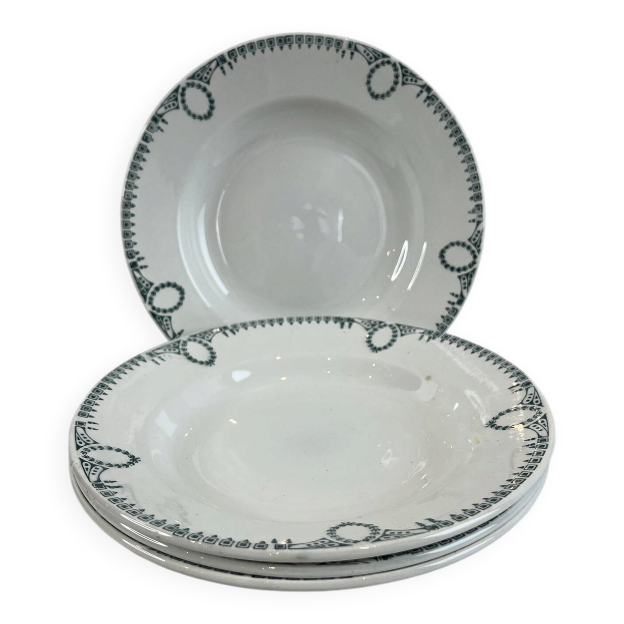 Lot de 4 Assiette creuse en faïence, décor frise verte, st Amand