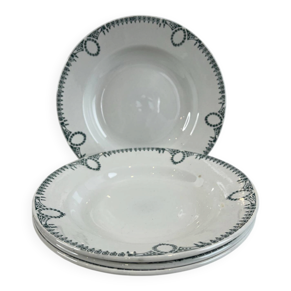 Lot de 4 Assiette creuse en faïence, décor frise verte, st Amand