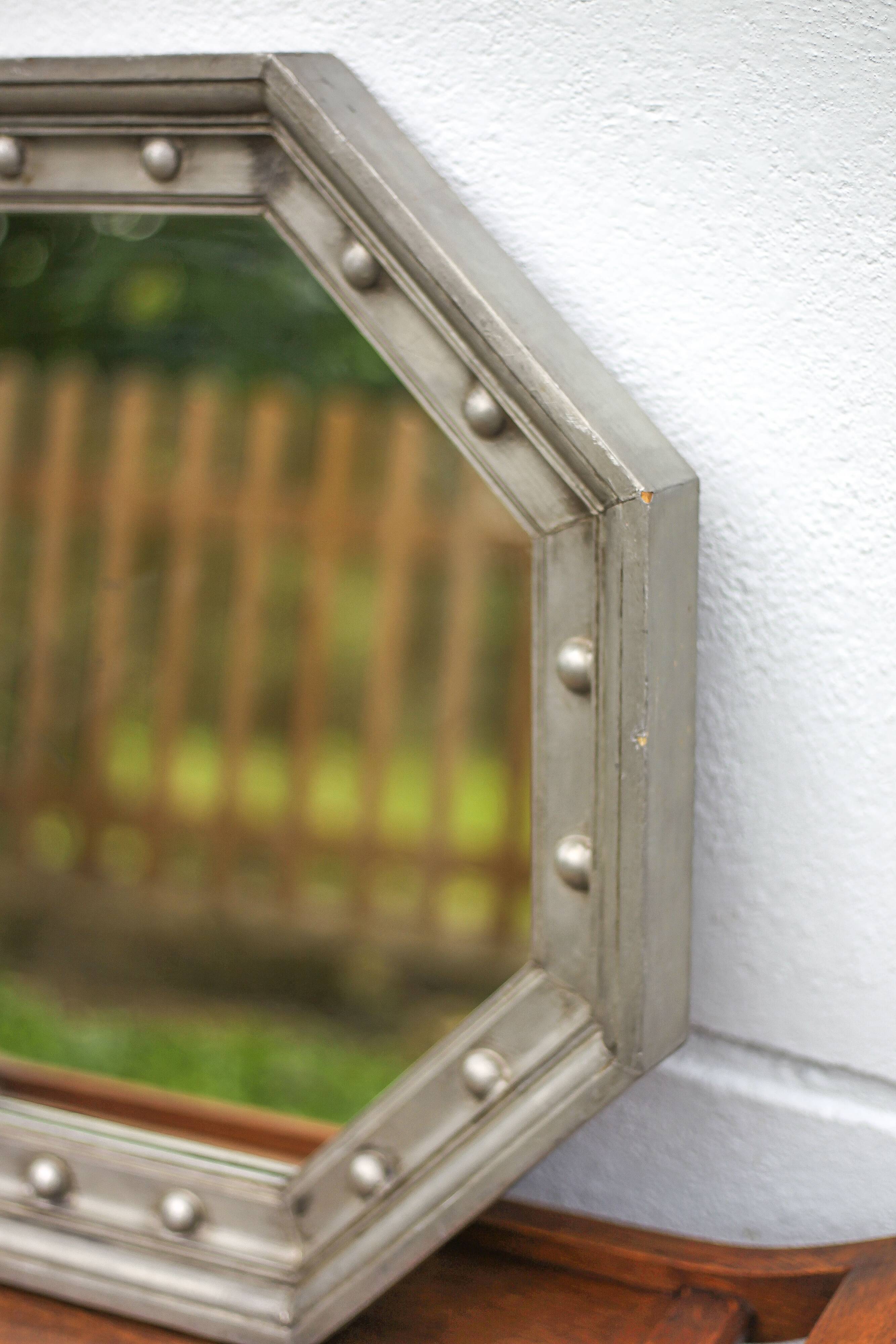 Vintage mirror, wooden mirror covered with tin, tin mirror from the 60s