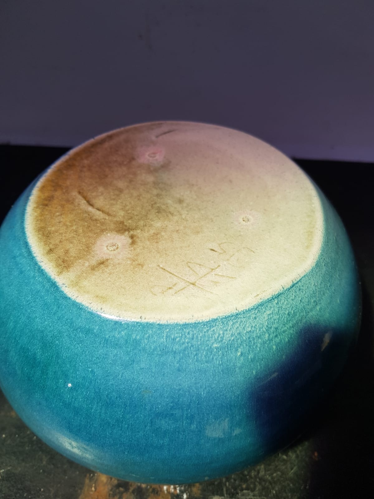 Old vase ball ceramic blue 70s vintage decoration