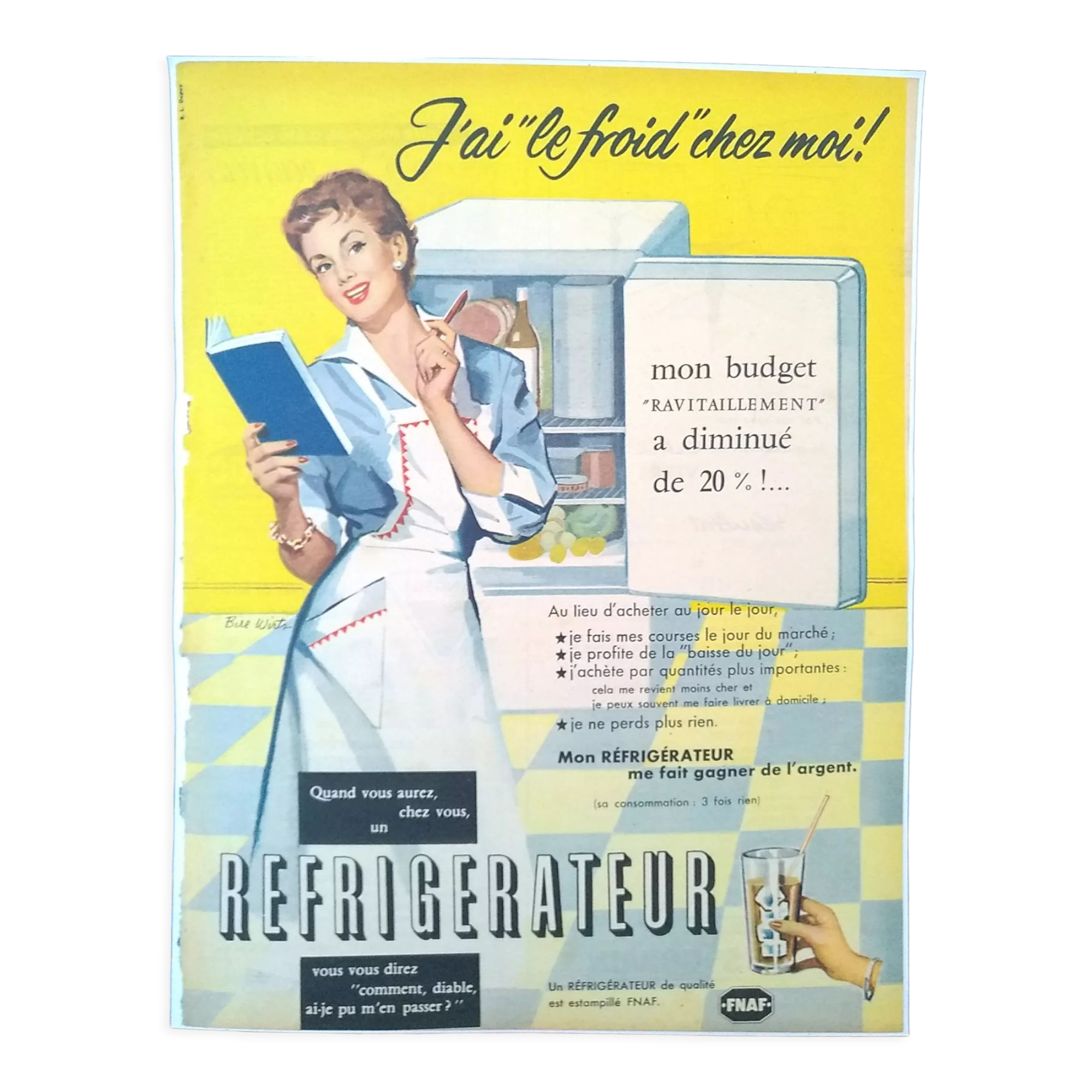 Paper advertisement subject refrigerator fridge from a period magazine