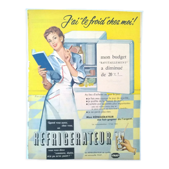 Paper advertisement subject refrigerator fridge from a period magazine