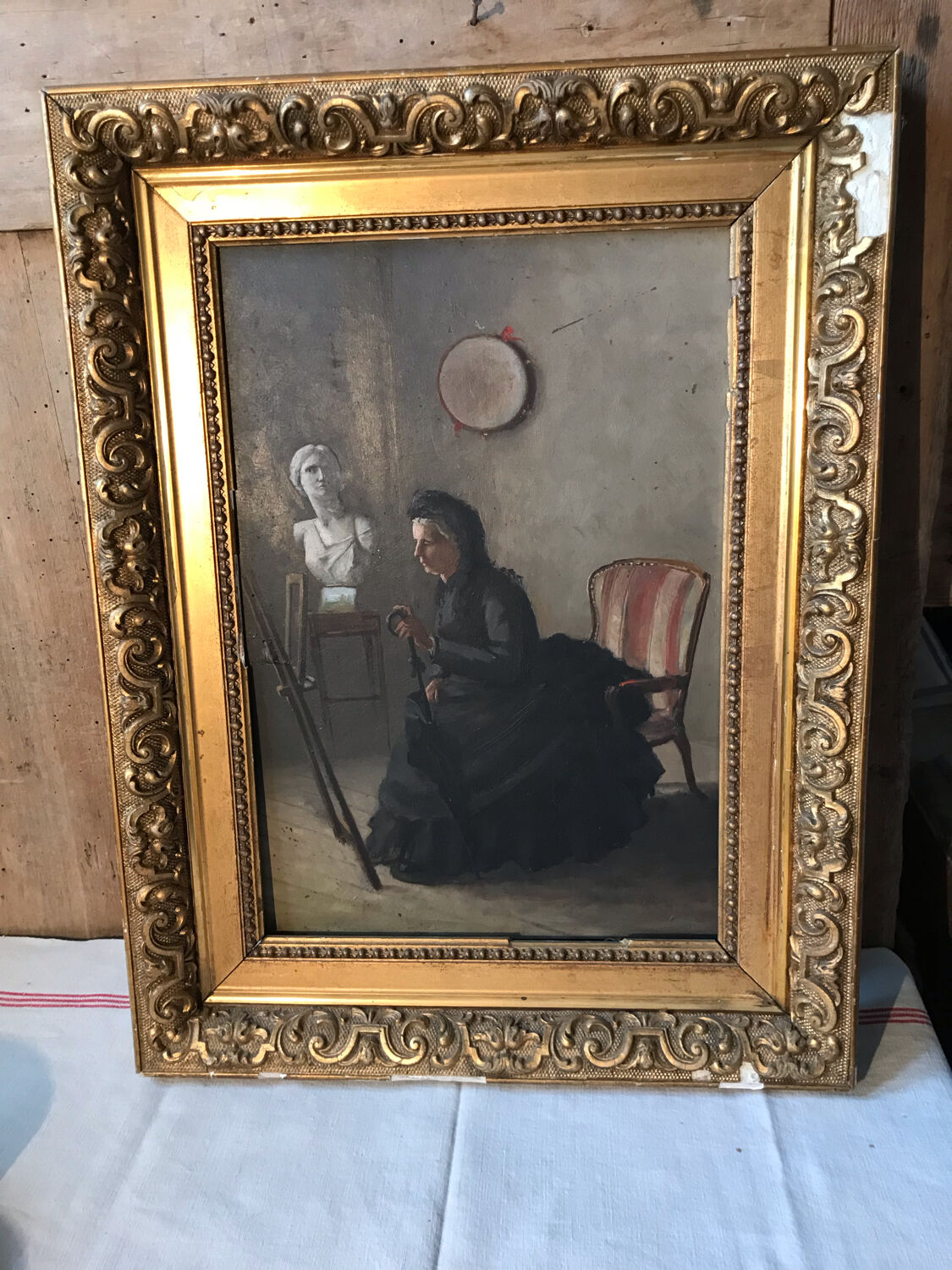 Oil on wood interior scene