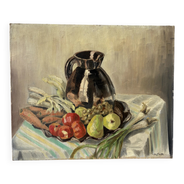 Nature morte aux carottes, huile sur toile signée