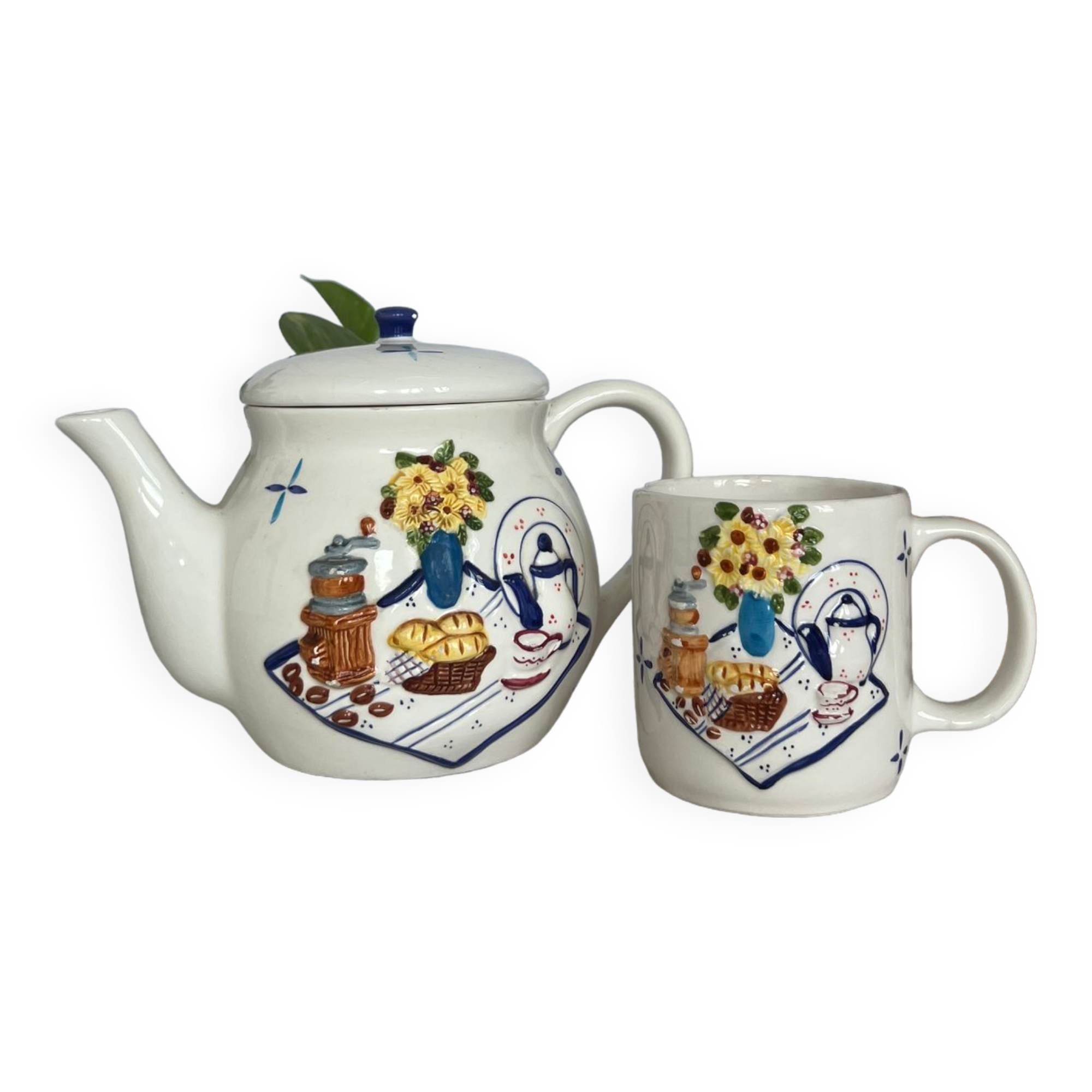 Teapot/coffee maker set with mug slip pattern breakfast hand-painted pieces