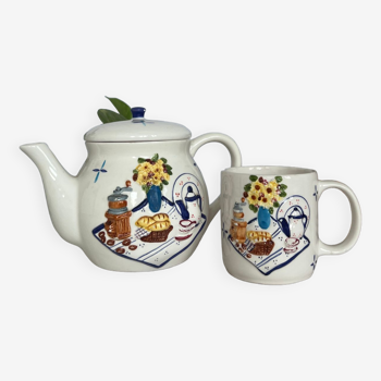 Ensemble théière / cafetière avec mug barbotine motif petit déjeuner pièces peintes à la main