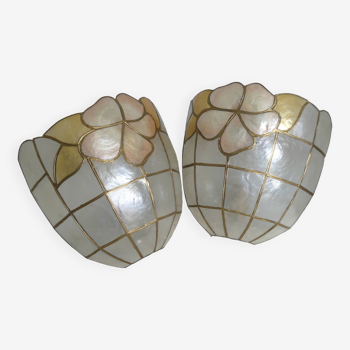 Pair of vintage 1970 mother-of-pearl stained glass wall lamps with flower decorations.