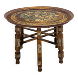 Moroccan table with painted sheet metal top and mother-of-pearl inlay