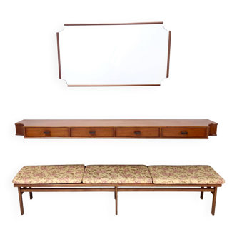 Vintage Entryway Set of Wall Mirror, Walnut Console and Bench by Brugnoli, Italy