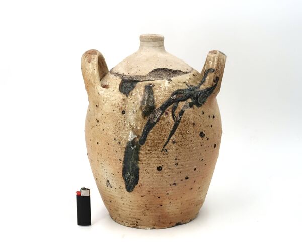 Jarre traditionnelle wabi sabi en céramique grès avec anses, 1900