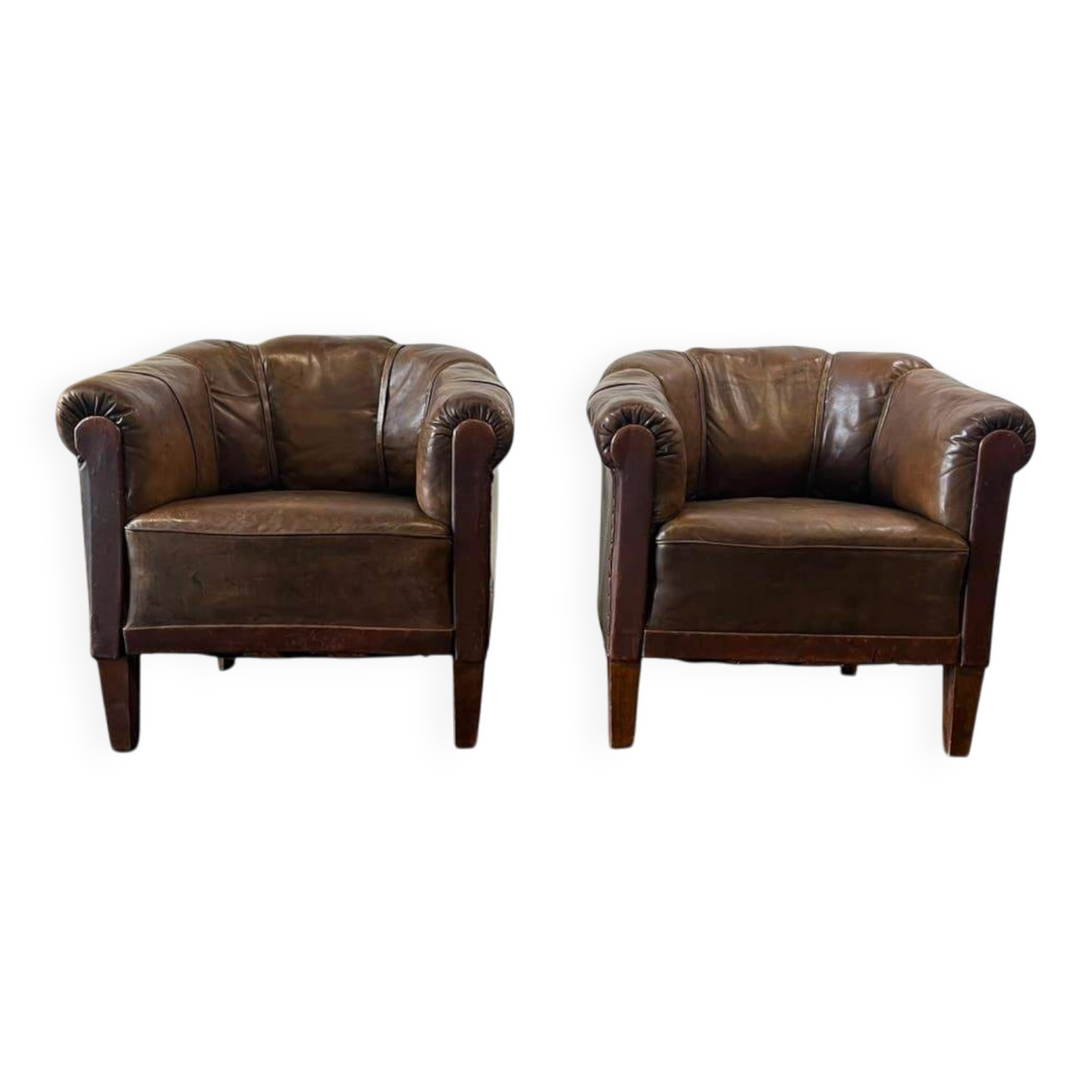 Set of 2 vintage Art Deco individual armchairs/seats in cognac leather.