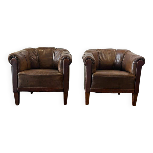Ensemble de 2 fauteuils/sièges individuels vintage art déco en cuir cognac
