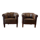 Set of 2 vintage Art Deco individual armchairs/seats in cognac leather.