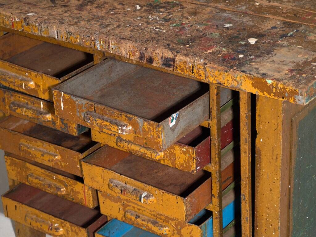 Industrial drawer unit in pine and iron – Central Europe, circa 1950