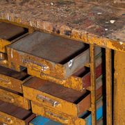 Industrial drawer unit in pine and iron – Central Europe, circa 1950