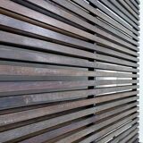 Slatted wood panel room divider or slatted coat rack with 10 mobile hooks