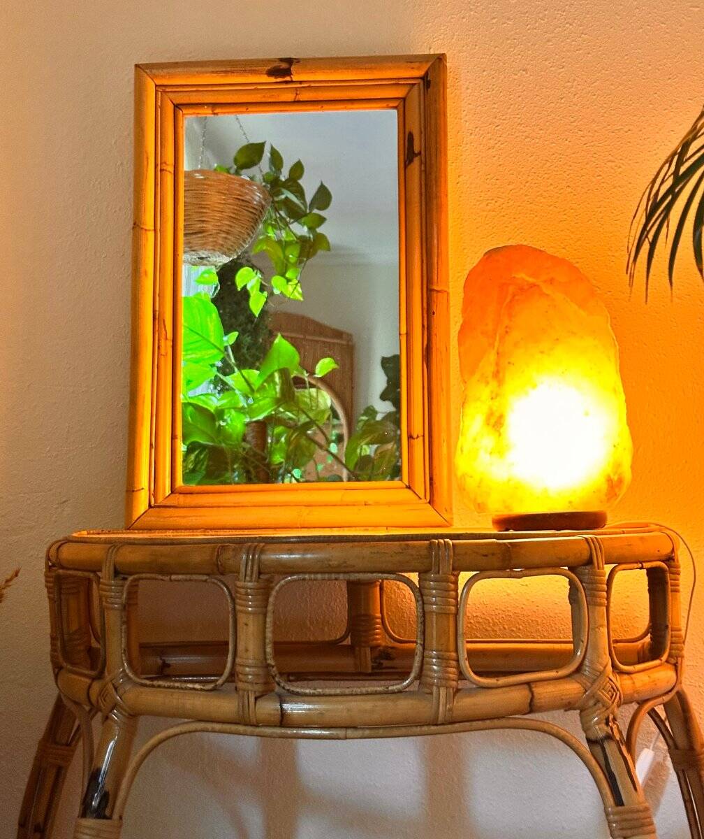 Vintage Spanish mirror in natural bamboo, 1950.