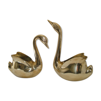 Duo brass swans planters 1960