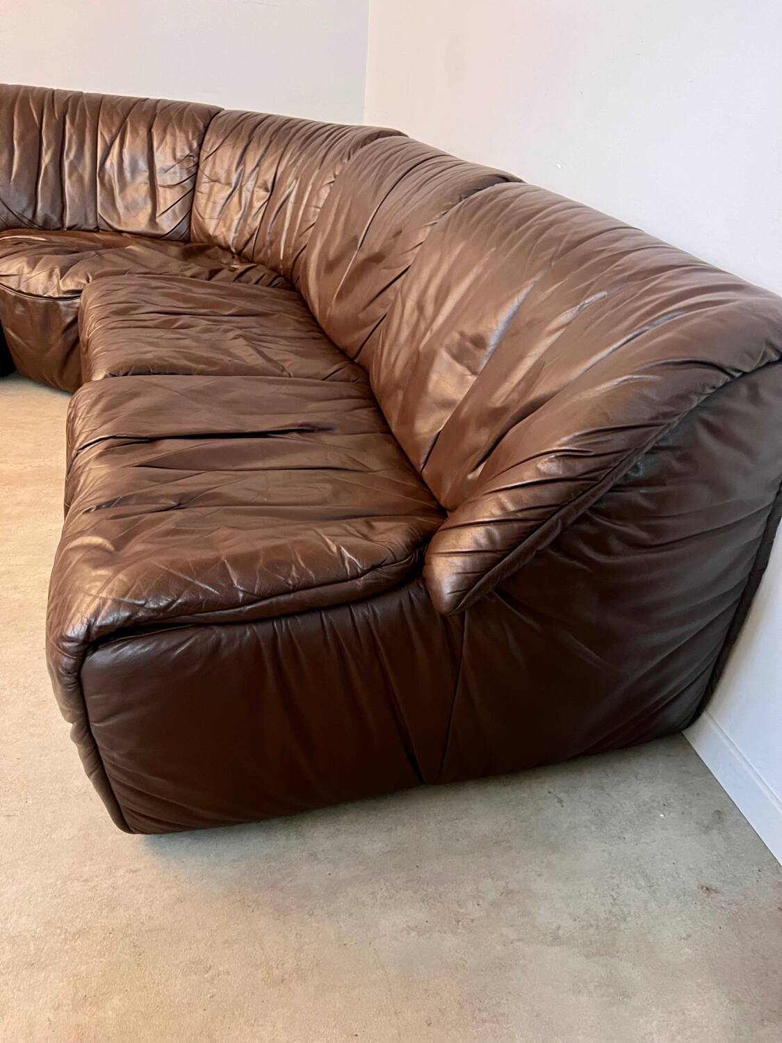 Large modular sofa with brown leather armchair 80s design dreipunkt vintage sofa