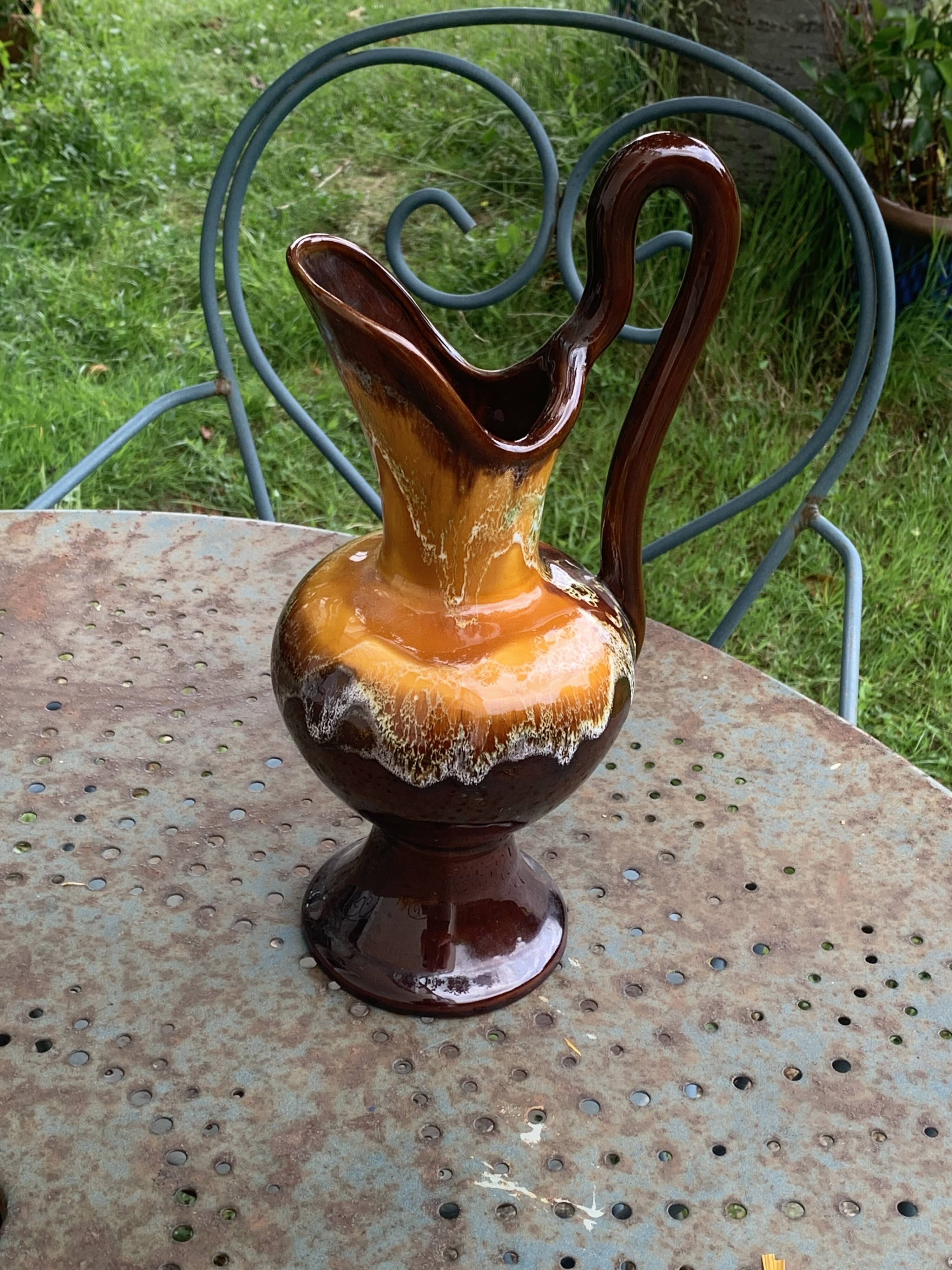 Carafe with handle, jug, vase in Vallauris style enamelled ceramic