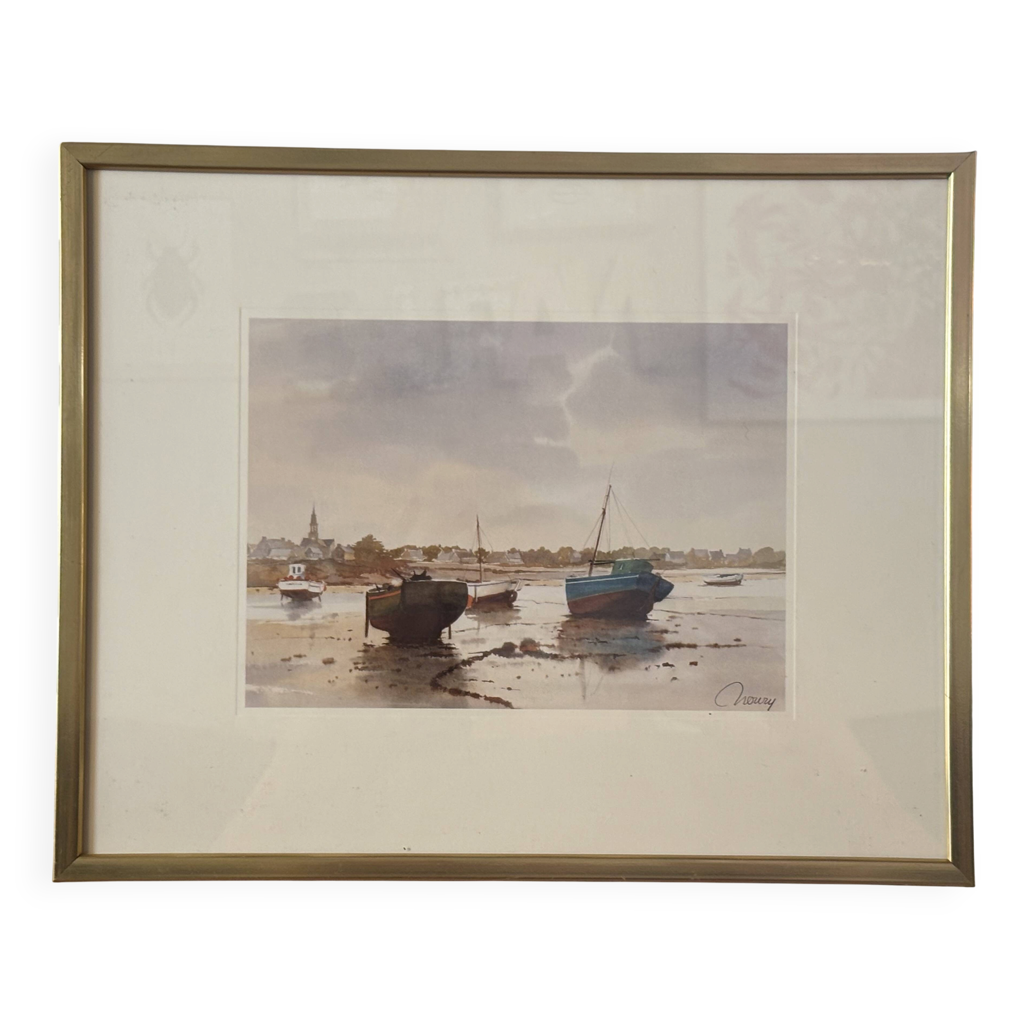 Marine print signed Noury - stranded boats - seaside spirit