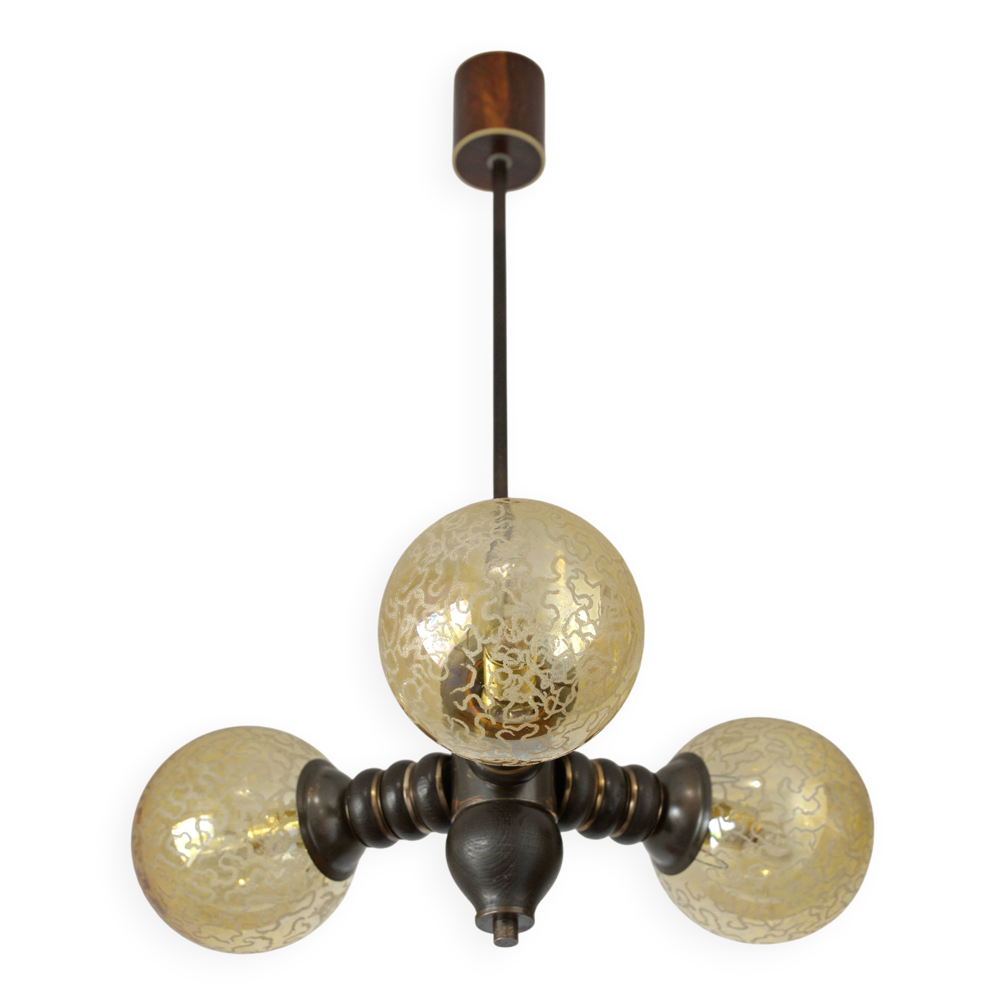 Wooden sputnik vintage pendant lamp / mid-century rustic hanging lamp 1970s