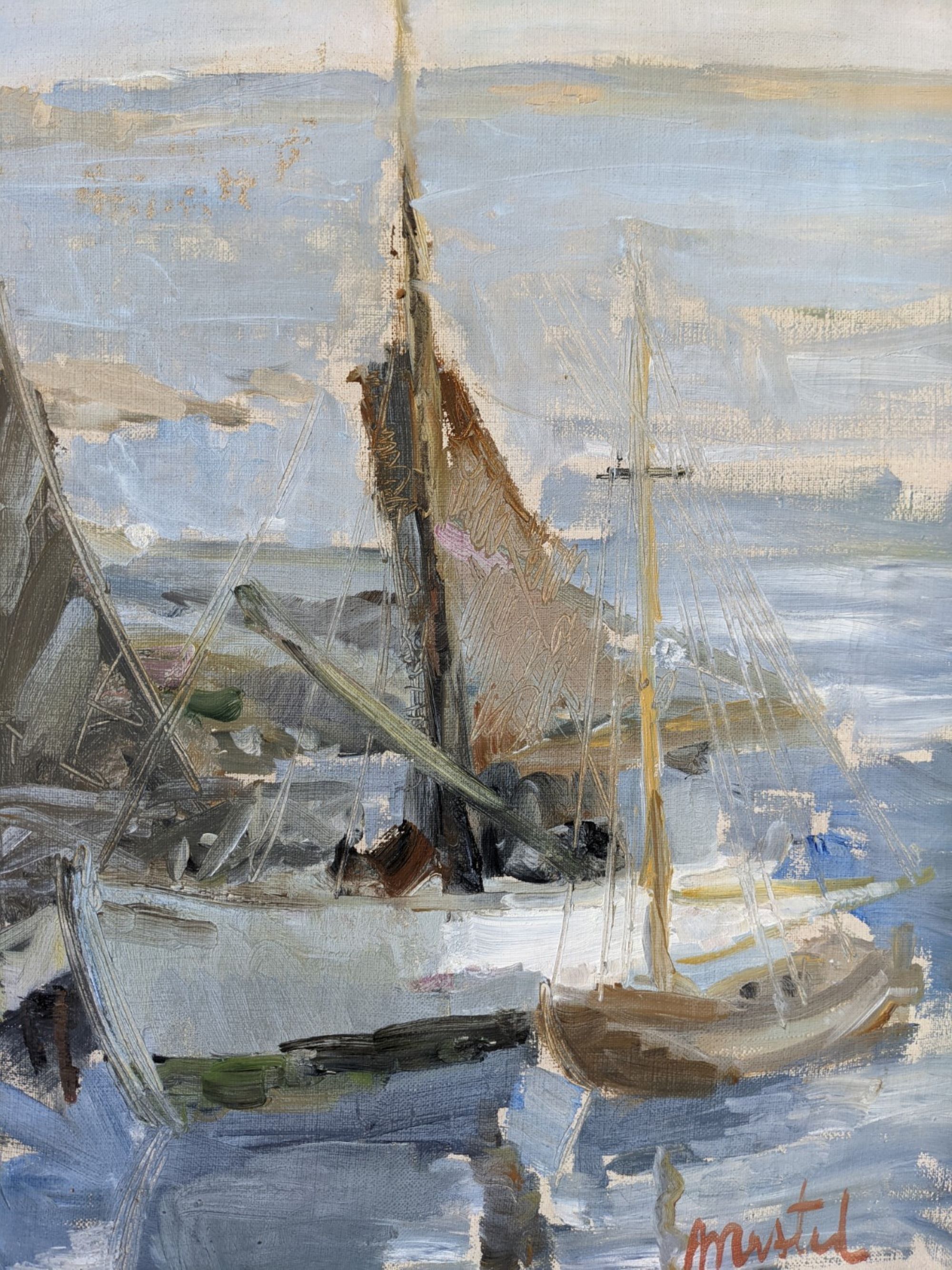 Mid-century modern swedish "archipelago boats" vintage seascape, framed oil painting