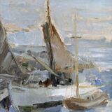 Mid-century modern swedish "archipelago boats" vintage seascape, framed oil painting