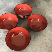 Set of 4 japanese bowls in lasewood decorated with black and red paint