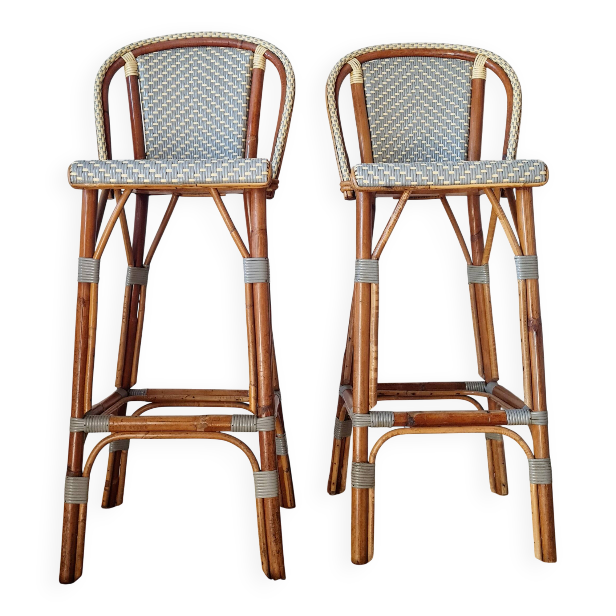 Vintage Gaty bar stools in two-tone rattan and cane.