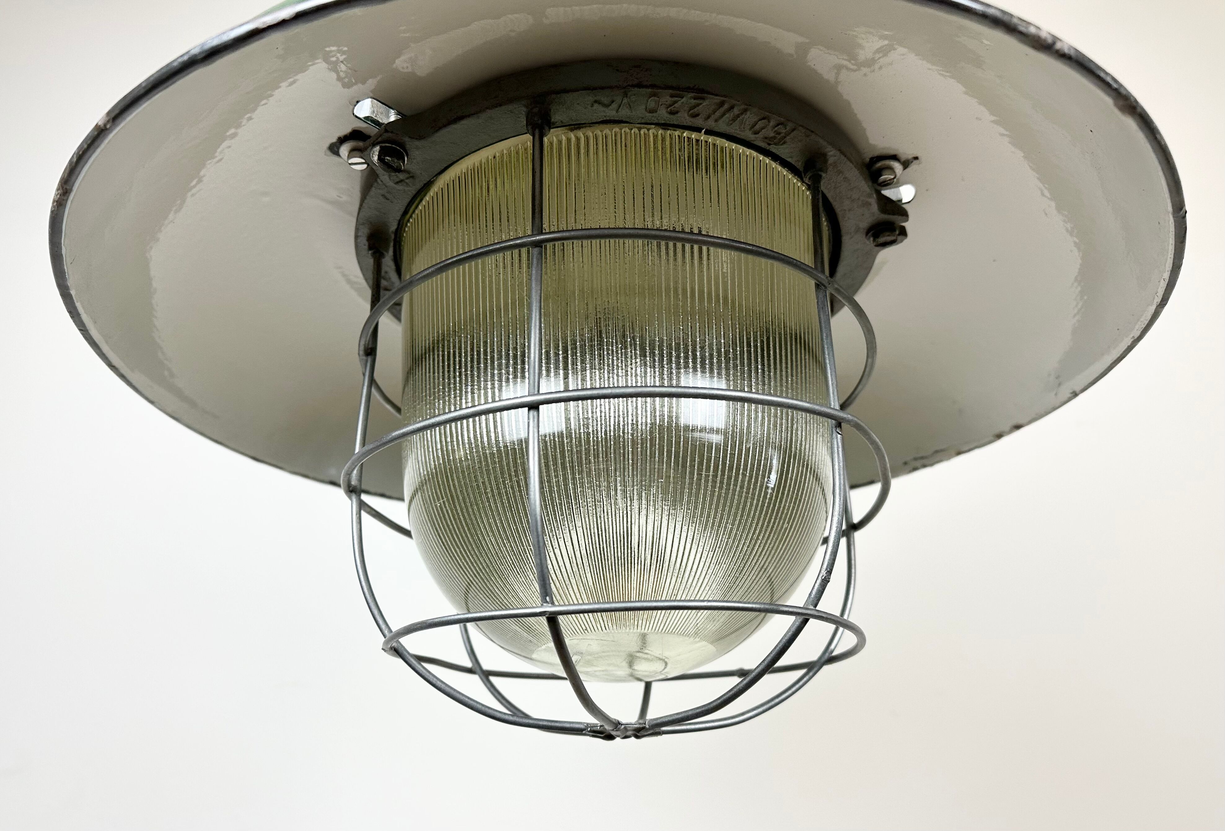 Industrial Green Enamel Factory Cage Pendant Lamp in Cast Iron from Zaos, 1960s