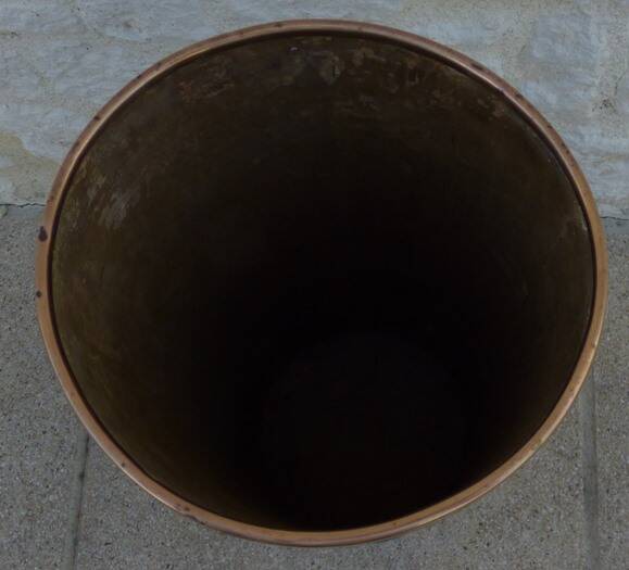 Art deco umbrella stand in boiled cardboard with copper and imitation leather strapping