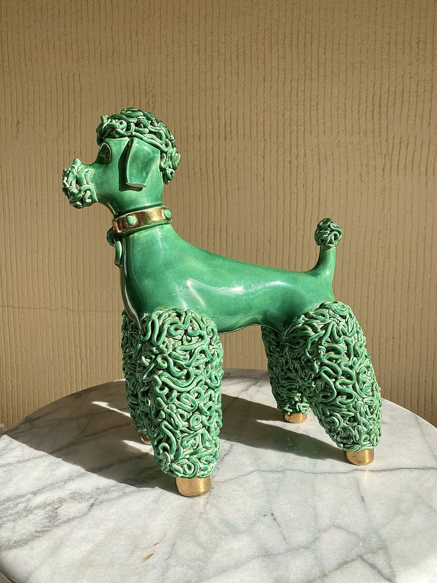 Large green glazed ceramic spaghetti poodle from the 60s.