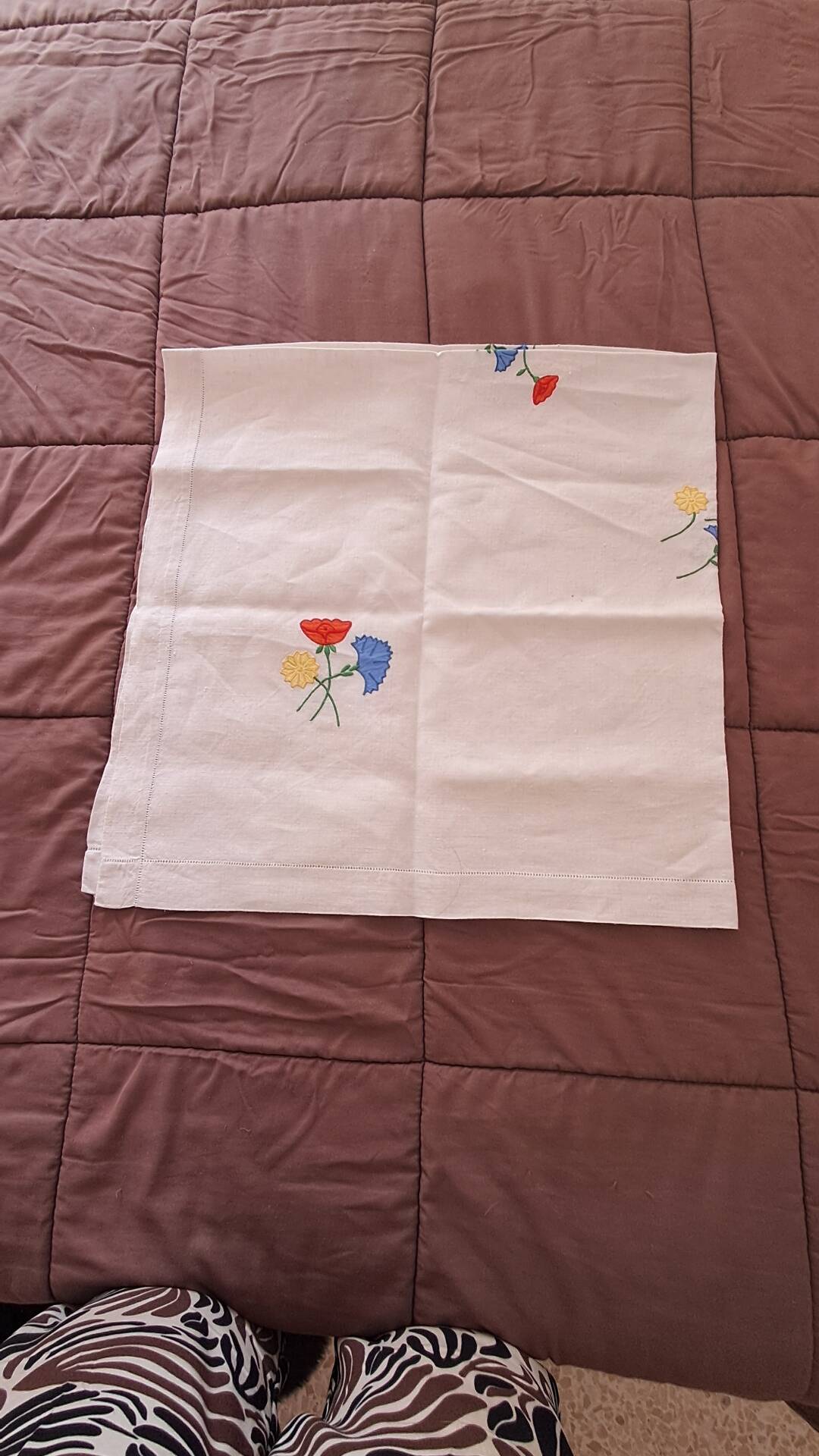 Vintage square linen tablecloth hand-embroidered with floral patterns — 1950s/60s