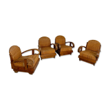 Set of 4 woven rattan armchairs, colonial style, 1950s