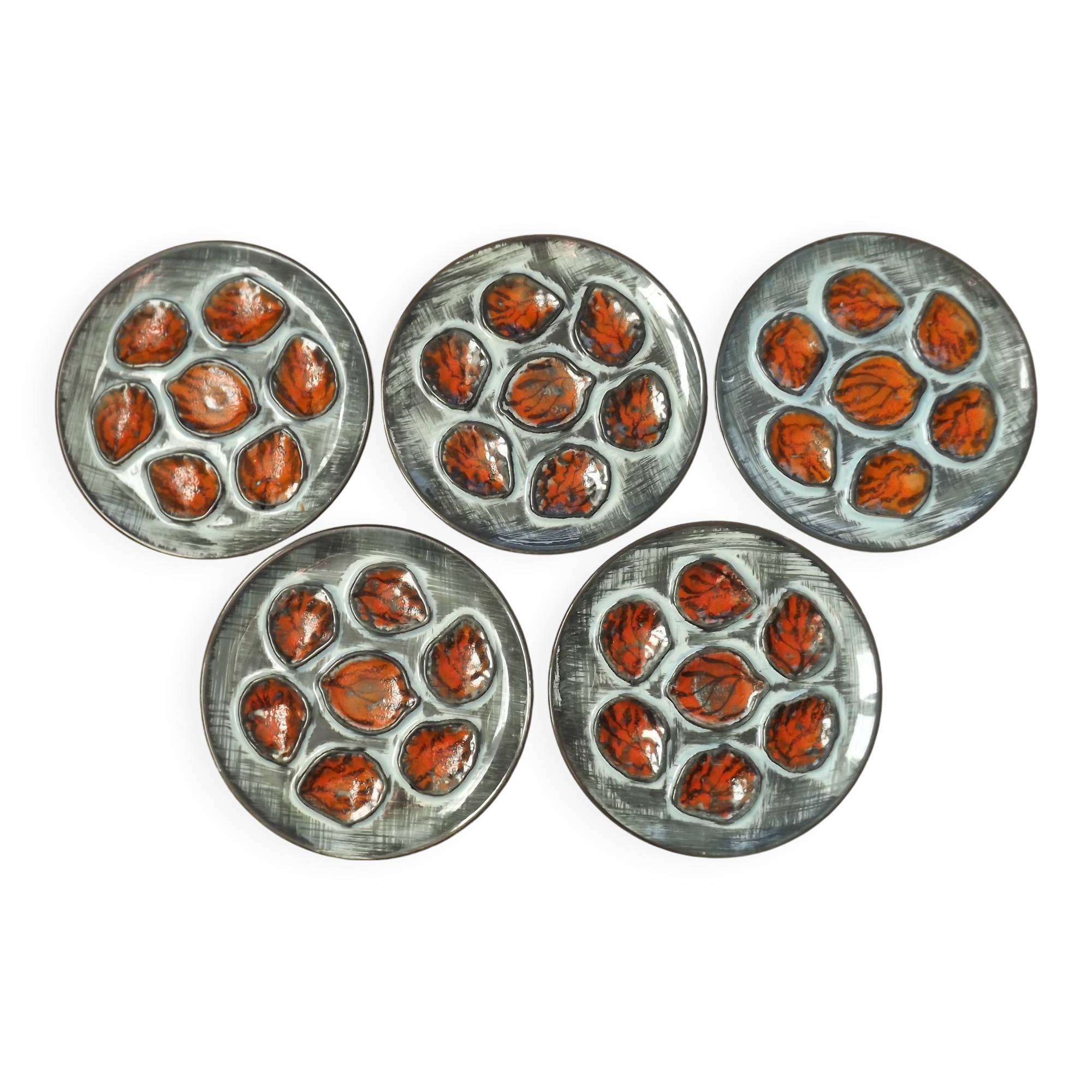 Set of 5 French Pordic Blue Grey & Orange Hand Painted 6 Well Oyster Plates 4974