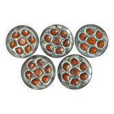 Set of 5 French Pordic Blue Grey & Orange Hand Painted 6 Well Oyster Plates 4974