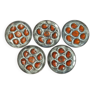 Set of 5 French Pordic Blue Gray & Orange Hand Painted 6 Well Oyster Plates 4974
