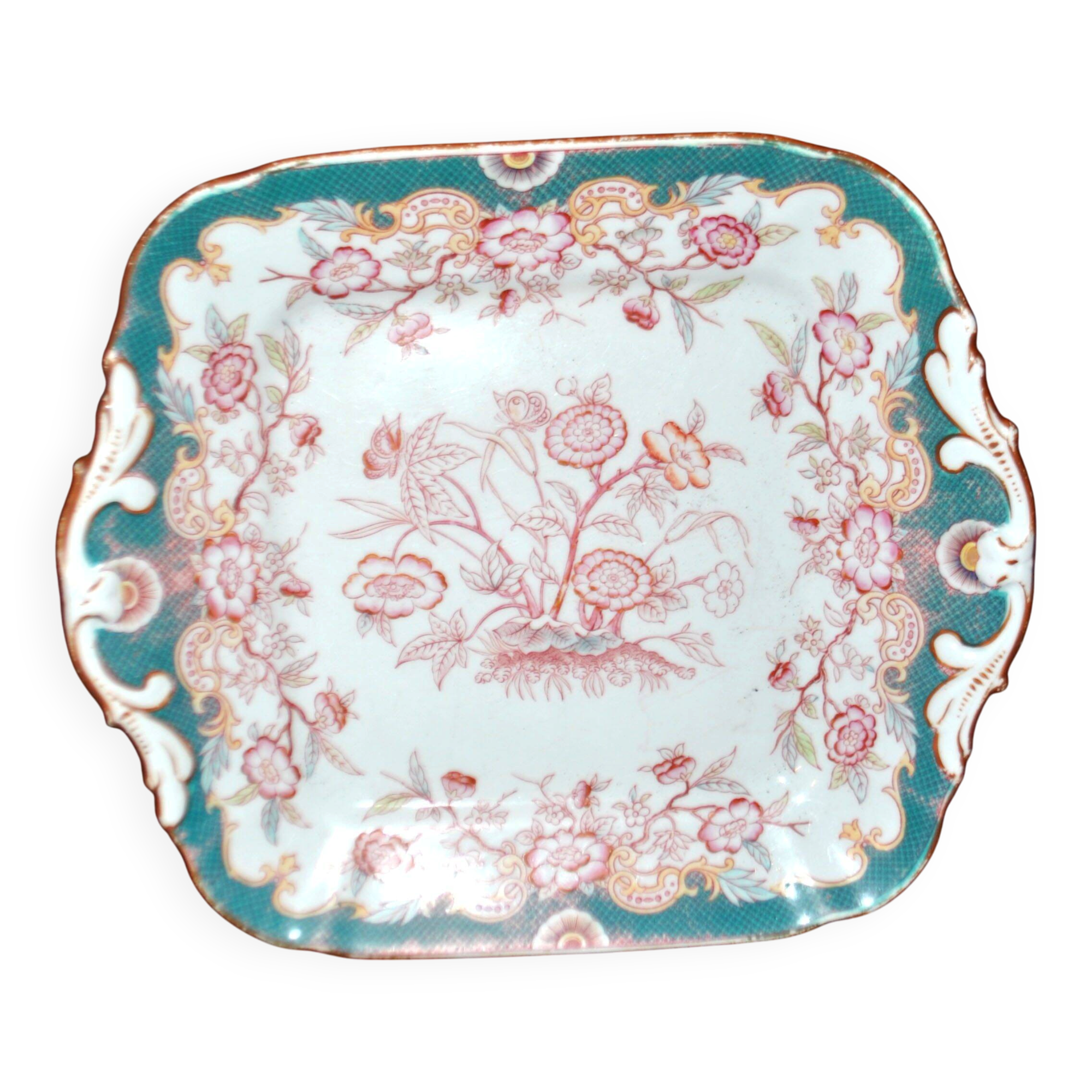 Square porcelain plate Sarreguemines model Minton 215 with Japonese decoration.