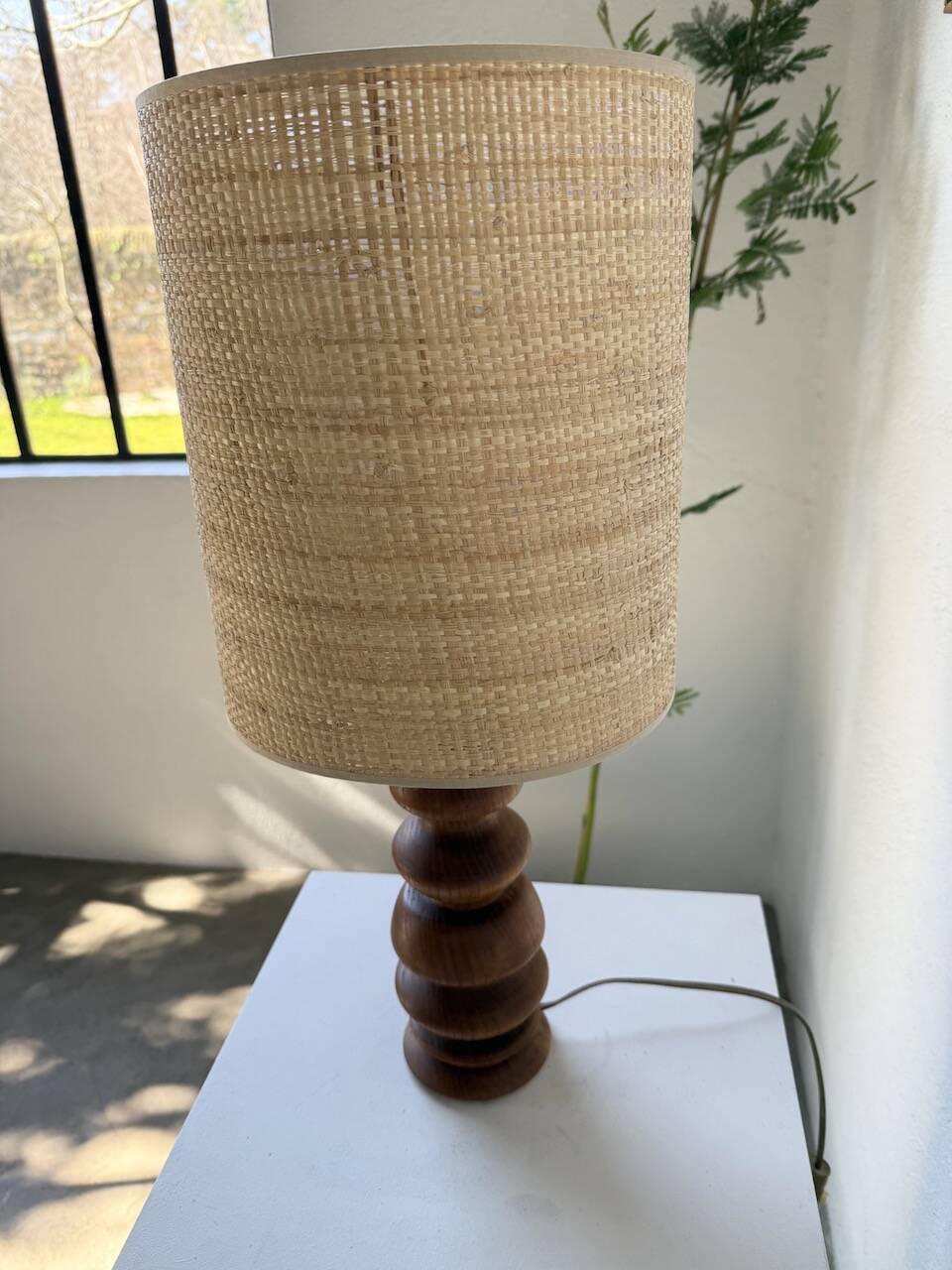 1950s turned oak wood table lamp