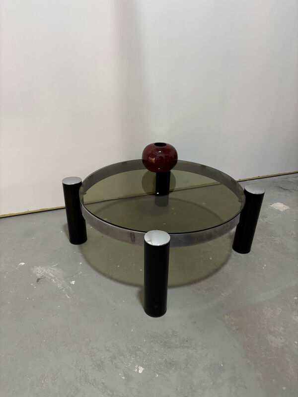 Table basse ronde design italien en chrome et verre fumé vintage