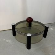 Vintage Italian design round coffee table in chrome and smoked glass.