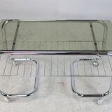 "Space age" coffee table, tubular steel, smoked glass, France, 1970s