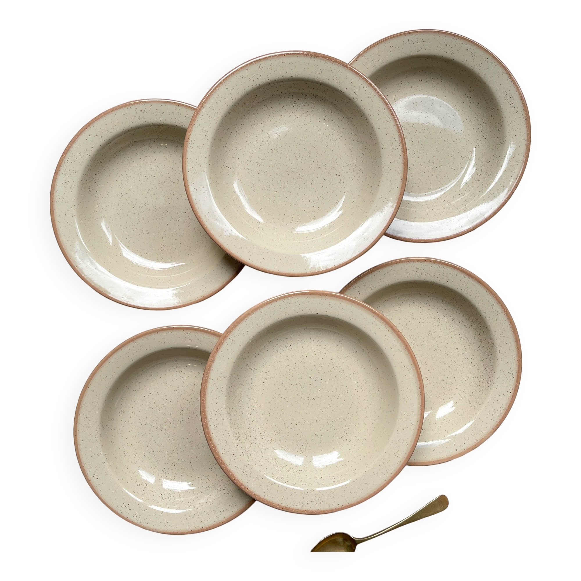 6 Deep plates in speckled beige stoneware, Tulowice style, Poland 1970